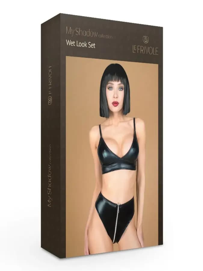 Комплект лиф и трусики с молнией wet look черный L/XL
