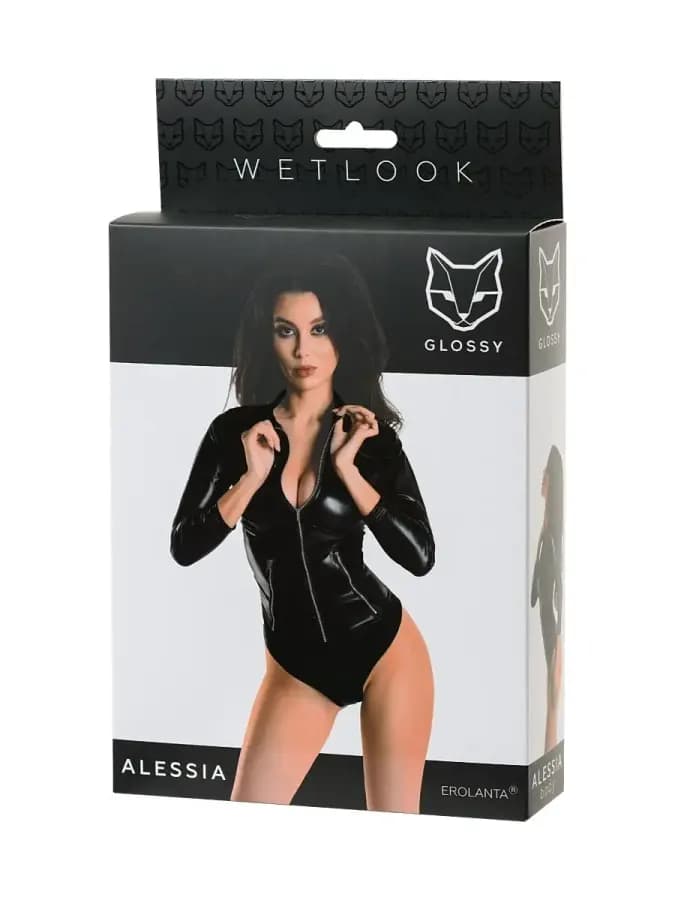 Боди Glossy Alessia из материала Wetlook на молнии черное S — фото 3