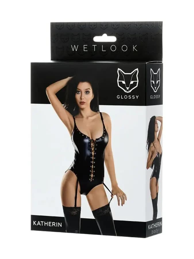 Боди из материала Wetlook на шнуровке черный XL — фото 4