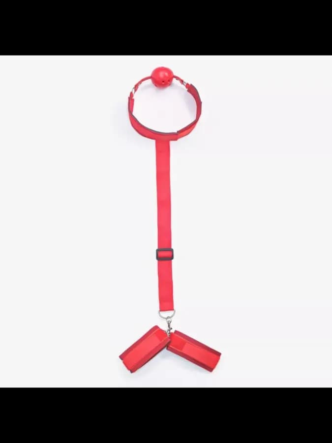 Кляп и наручники с регулируемыми ремнями, красные