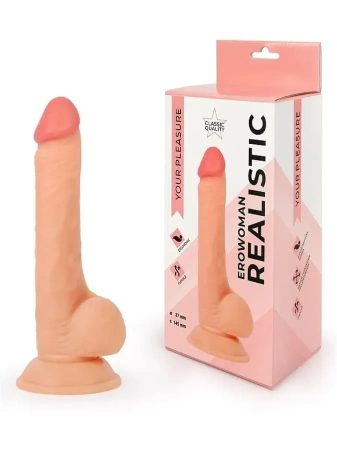 Реалистичный фаллоимитатор Erowoman с мошонкой 20см